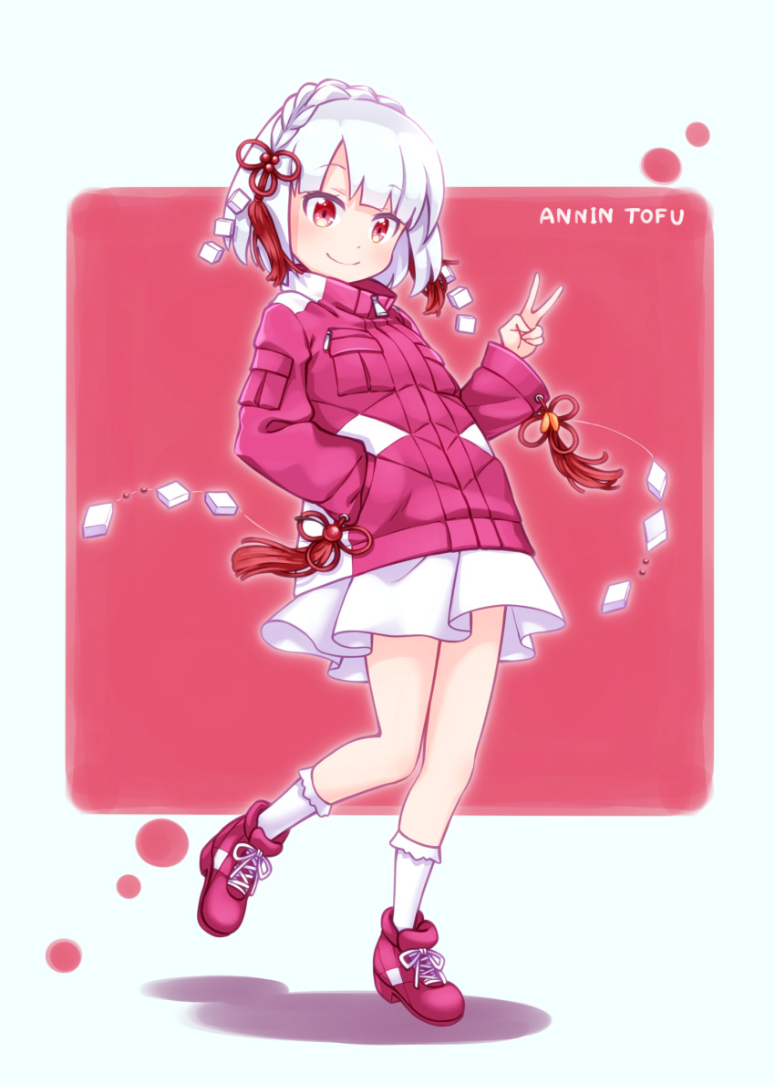 1girl, bangs, bobby_socks, braid, closed_mouth, commentary_request, crown_braid, eyebrows_visible_through_hair