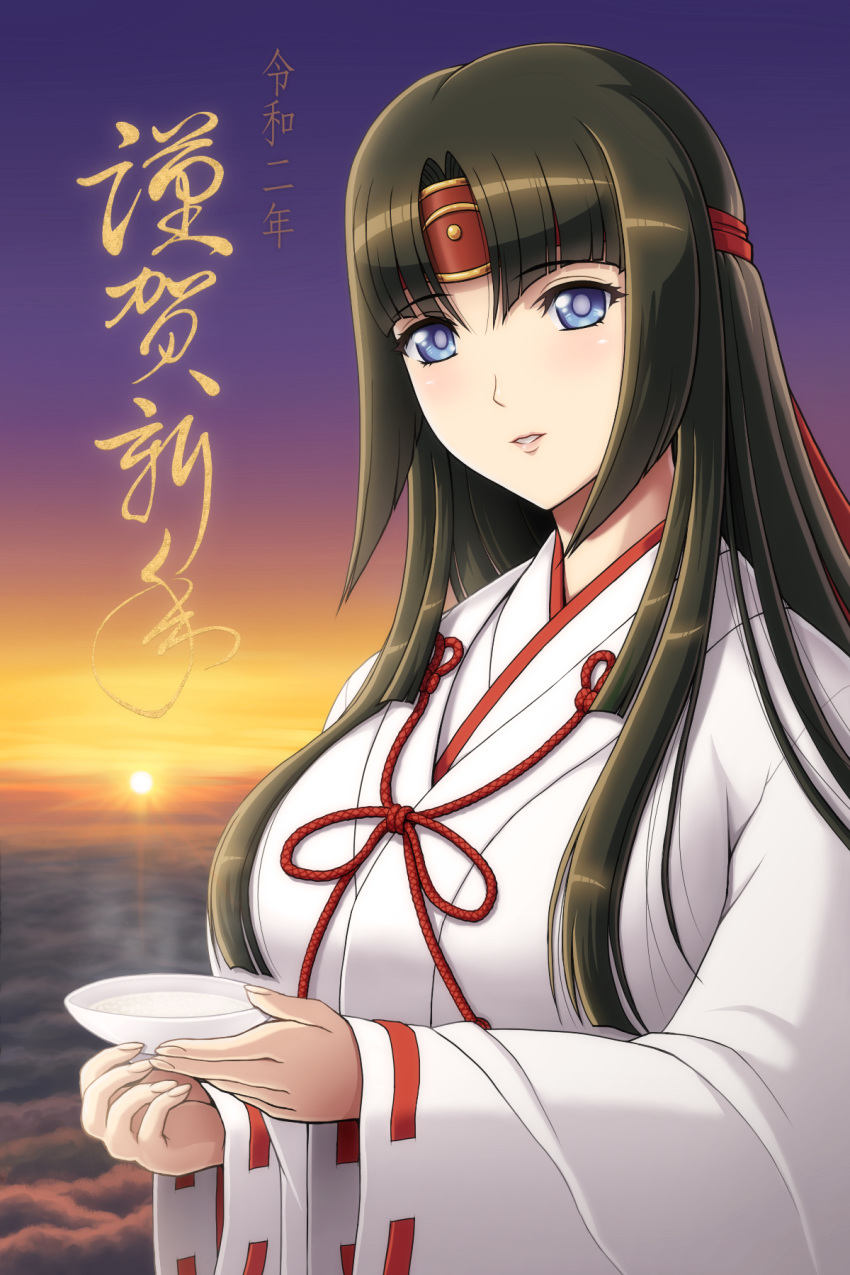 1girl, amazake_(drink), bangs, black_hair, blind, blue_eyes, blush, breasts