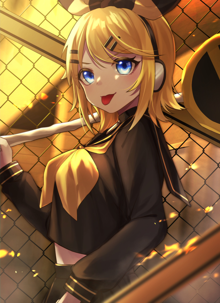 1girl, :p, alternate_breast_size, bangs, black_serafuku, black_skirt, blonde_hair, blue_eyes