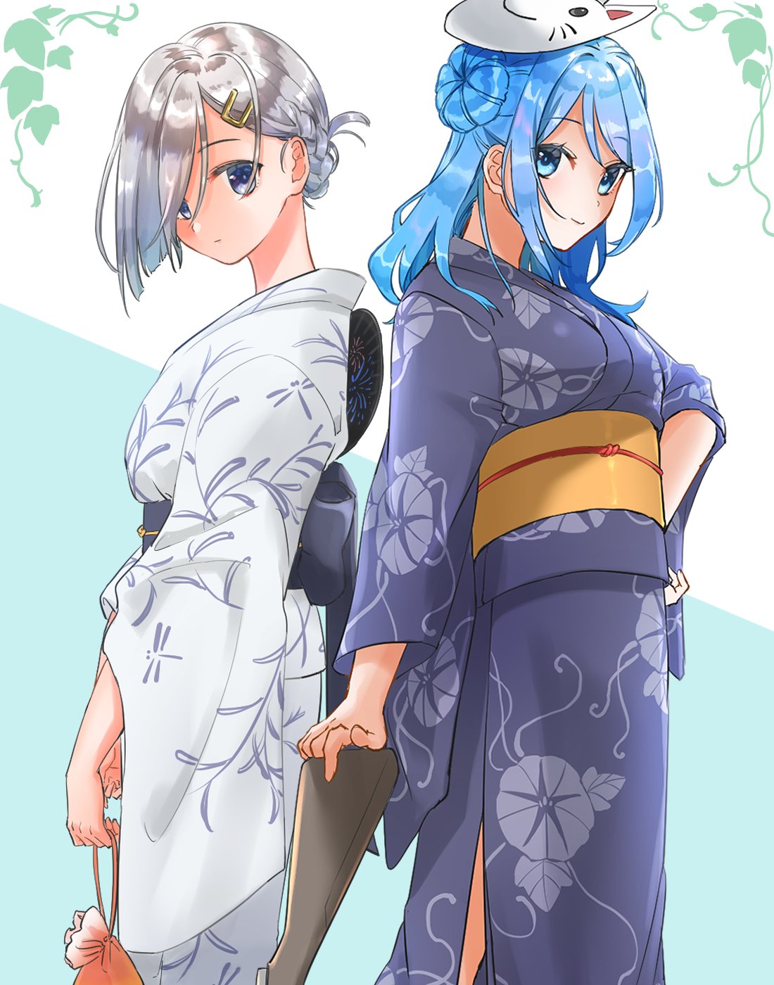 2girls, alternate_costume, alternate_hairstyle, bag, blue_eyes, blue_hair, cowboy_shot, double_bun