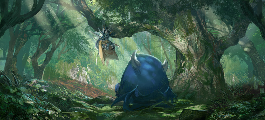 1girl, absurdres, armor, cape, creature, day, demon_horns, demon_wings