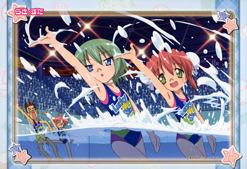 armpits, highres, iwasaki_minami, kicking, kobayakawa_yutaka, kogami_akira, lucky_star, nose_plug, one-piece_swimsuit, pool, shiraishi_minoru, swimsuit, synchronized_swimming