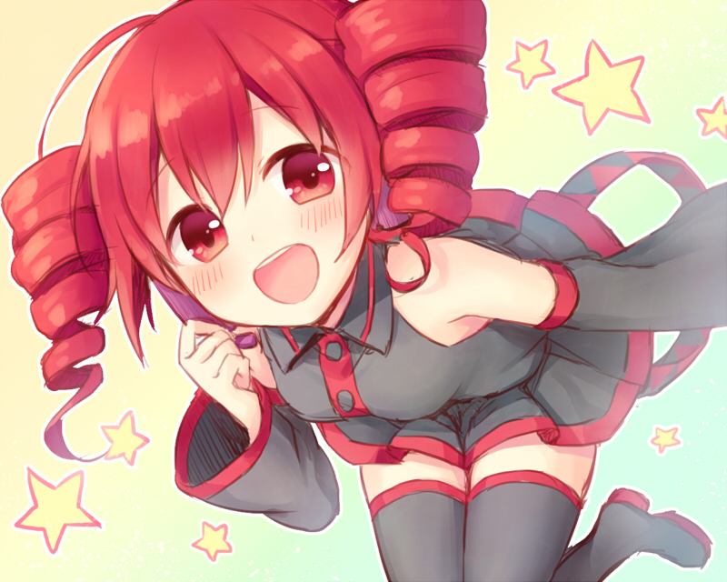 1girl, ahoge, amane_kurumi, bare_shoulders, black_legwear, black_shirt, black_skirt, black_sleeves