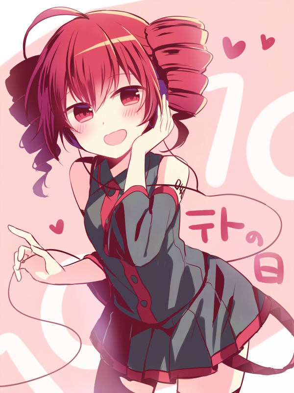 1girl, ahoge, amane_kurumi, bare_shoulders, belt, black_shirt, black_skirt, black_sleeves