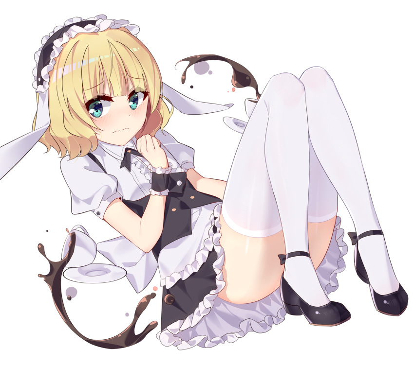 1girl, animal_ears, aqua_eyes, bangs, blonde_hair, blunt_bangs, blush, closed_mouth, cup, ddt_(darktrident), dress, eyebrows_visible_through_hair, fake_animal_ears, fleur_de_lapin_uniform, frilled_dress, frills, full_body, gochuumon_wa_usagi_desu_ka?, high_heels, kirima_sharo, looking_at_viewer, maid_headdress, saucer, shiny, shiny_hair, shoes, short_hair, simple_background, sitting, solo, teacup, thigh-highs, thighs, vest, wavy_hair, white_background, white_legwear, wrist_cuffs