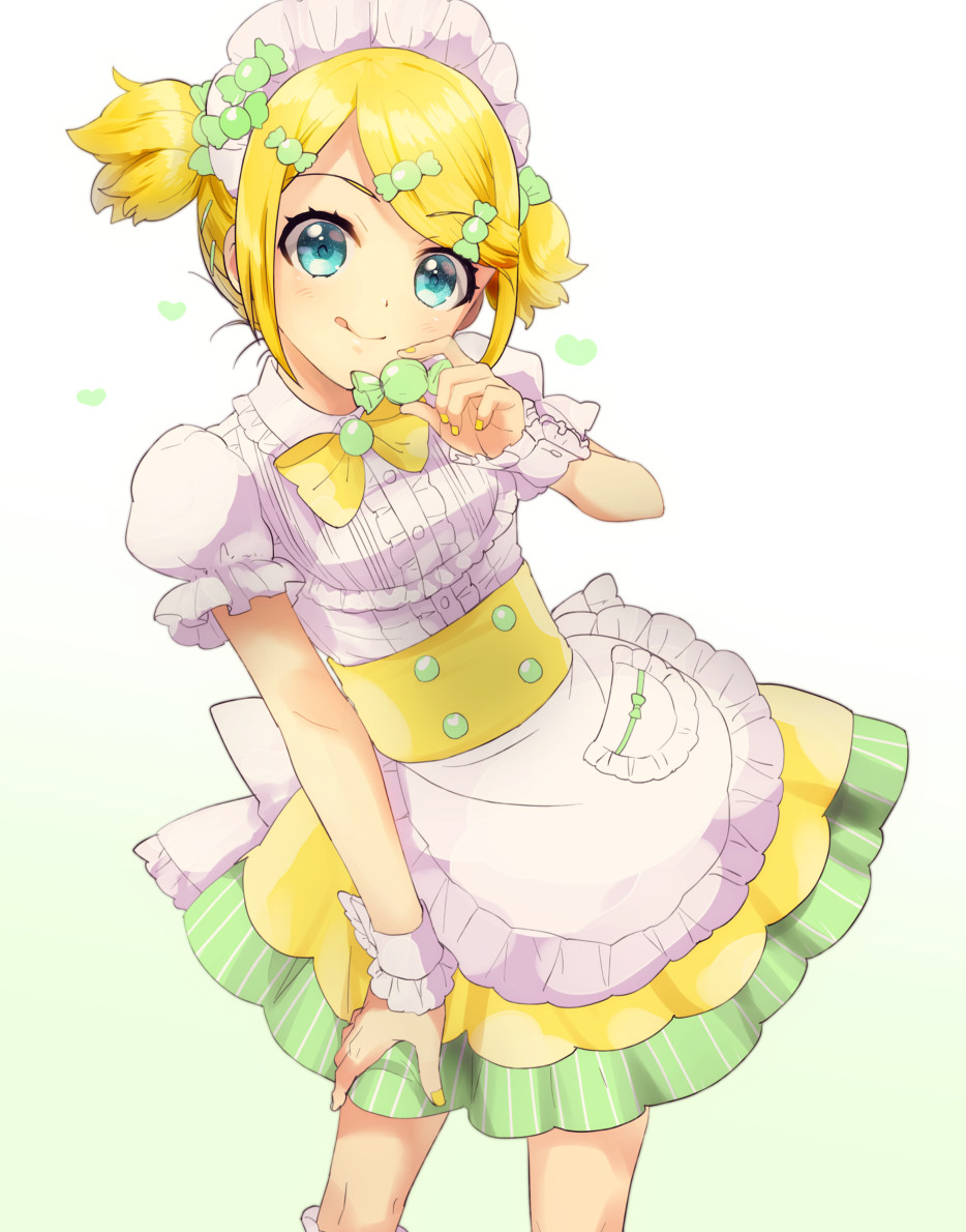 1girl, apron, aqua_eyes, blonde_hair, breasts, bubble_skirt, candy, candy_wrapper