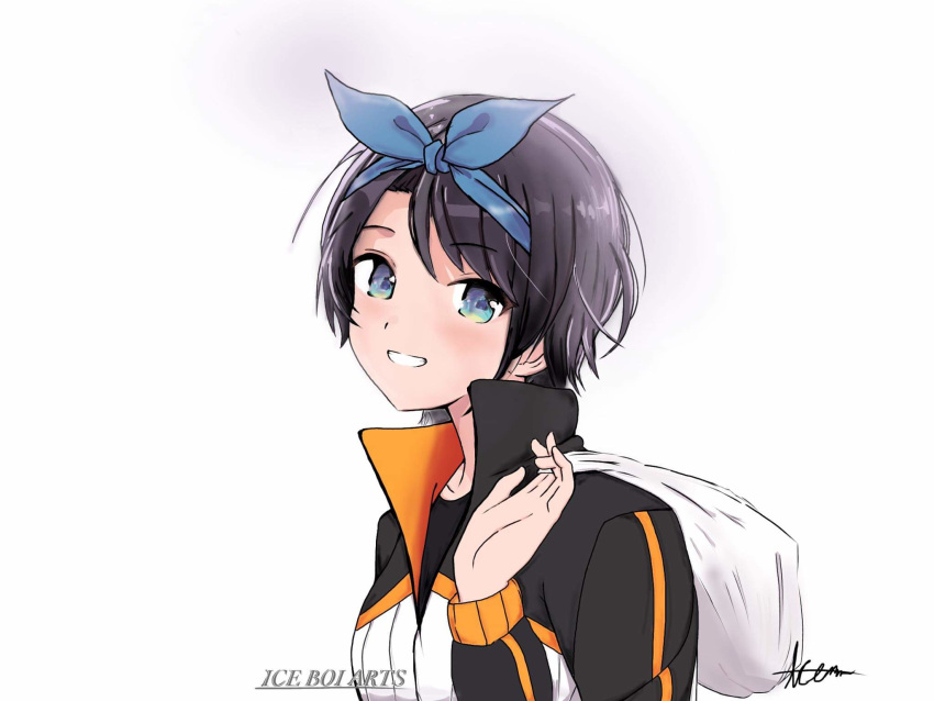 1girl, artist_name, black_hair, black_shirt, blue_eyes, blue_hairband, commentary, cosplay