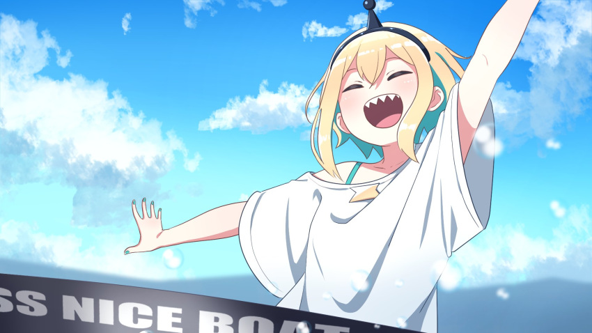 1girl, ^_^, ^o^, amano_pikamee, aqua_hair, arm_up, blonde_hair, blue_nails