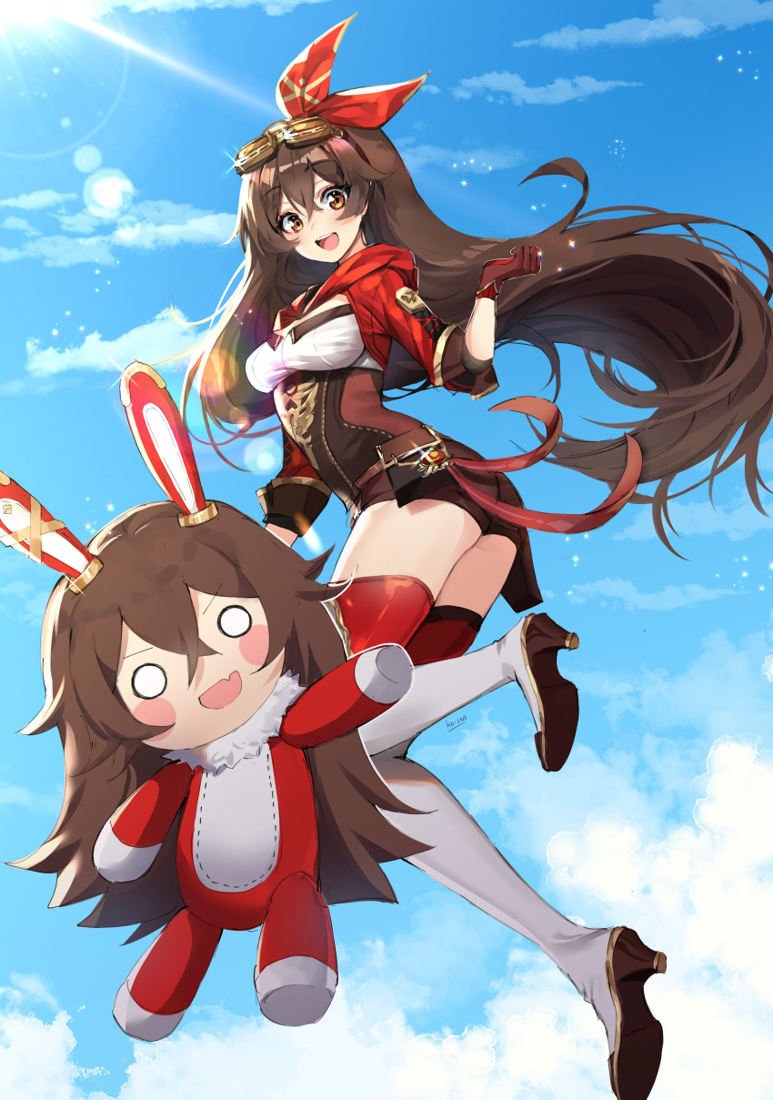 1girl, absurdres, amber_(genshin_impact), baron_bunny, blue_sky, blush_stickers, boots, brown_hair, day, fang, full_body, genshin_impact, goggles, goggles_on_head, hair_ribbon, high_heel_boots, high_heels, highres, ku-ini, long_hair, ribbon, shorts, sky, smile, thigh-highs
