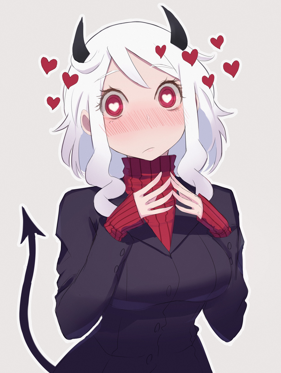 1girl, asakiri_koko, black_horns, black_suit, black_tail, blush, breasts, closed_mouth