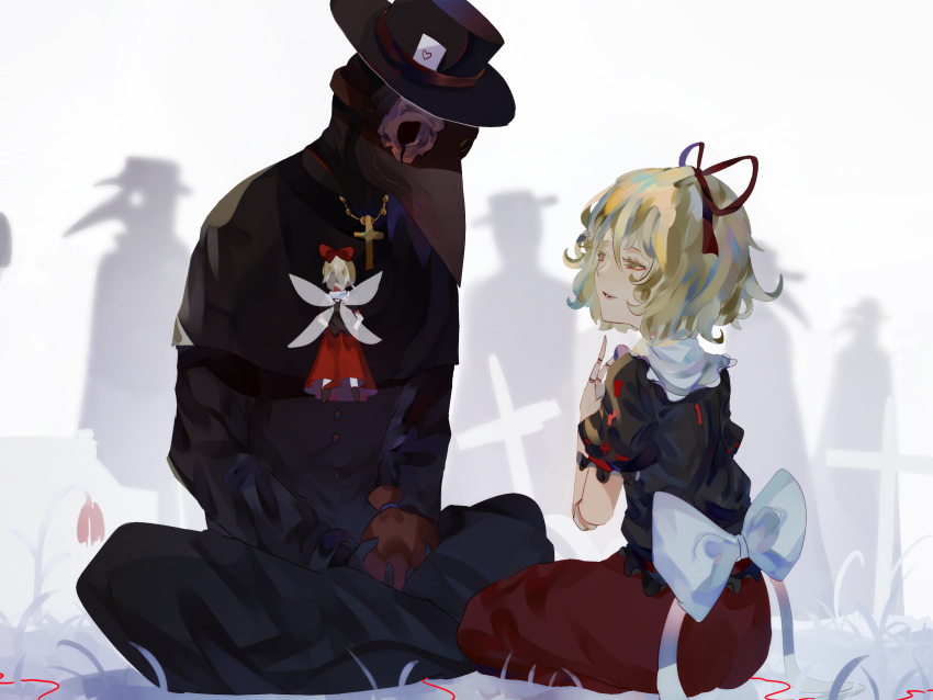 1girl, 5others, alternate_eye_color, black_headwear, blonde_hair, bow, bubble_skirt, colored_eyelashes