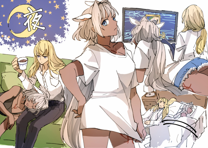 1boy, 1girl, blonde_hair, blue_eyes, caenis_(fate), chest_tattoo, collarbone, crescent