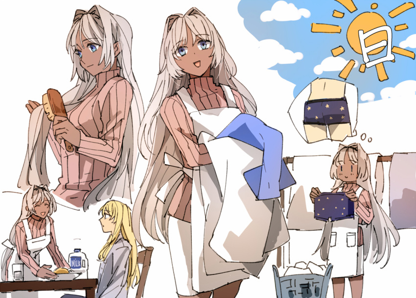1boy, 1girl, alternate_costume, alternate_hairstyle, apron, blonde_hair, blue_eyes, caenis_(fate)