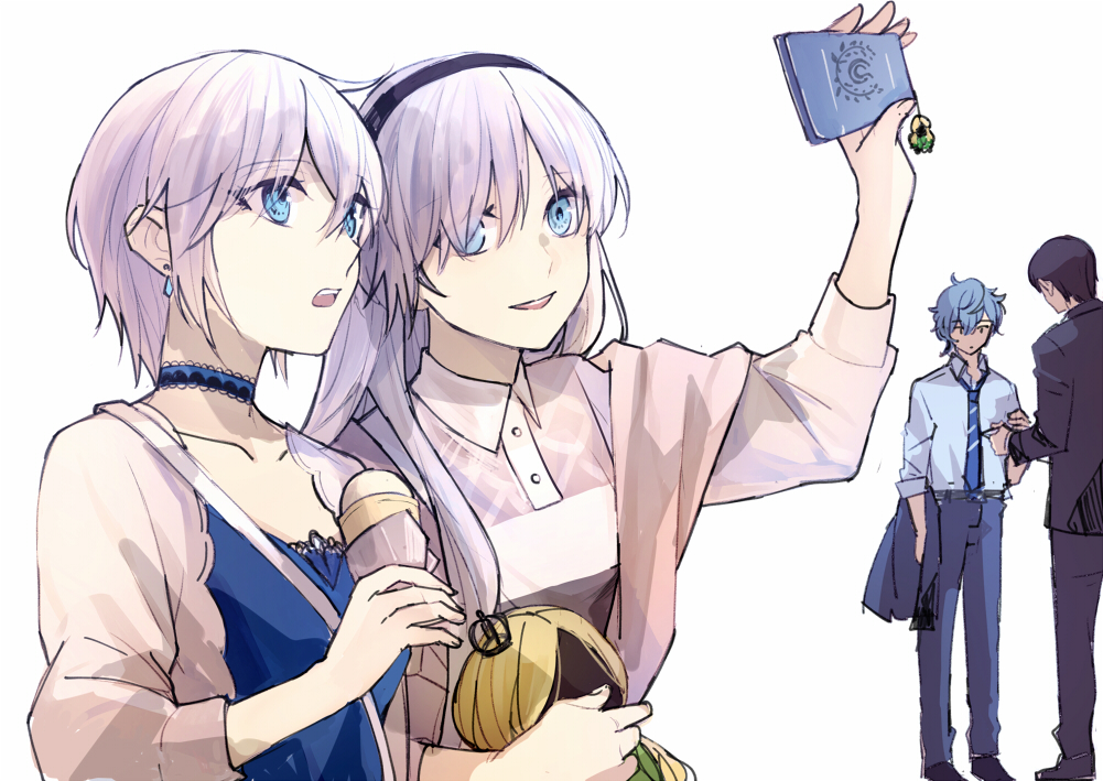 2boys, 2girls, akabane_kenji, anastasia_(fate), anastasia_(idolmaster), blue_eyes, cellphone, color_connection
