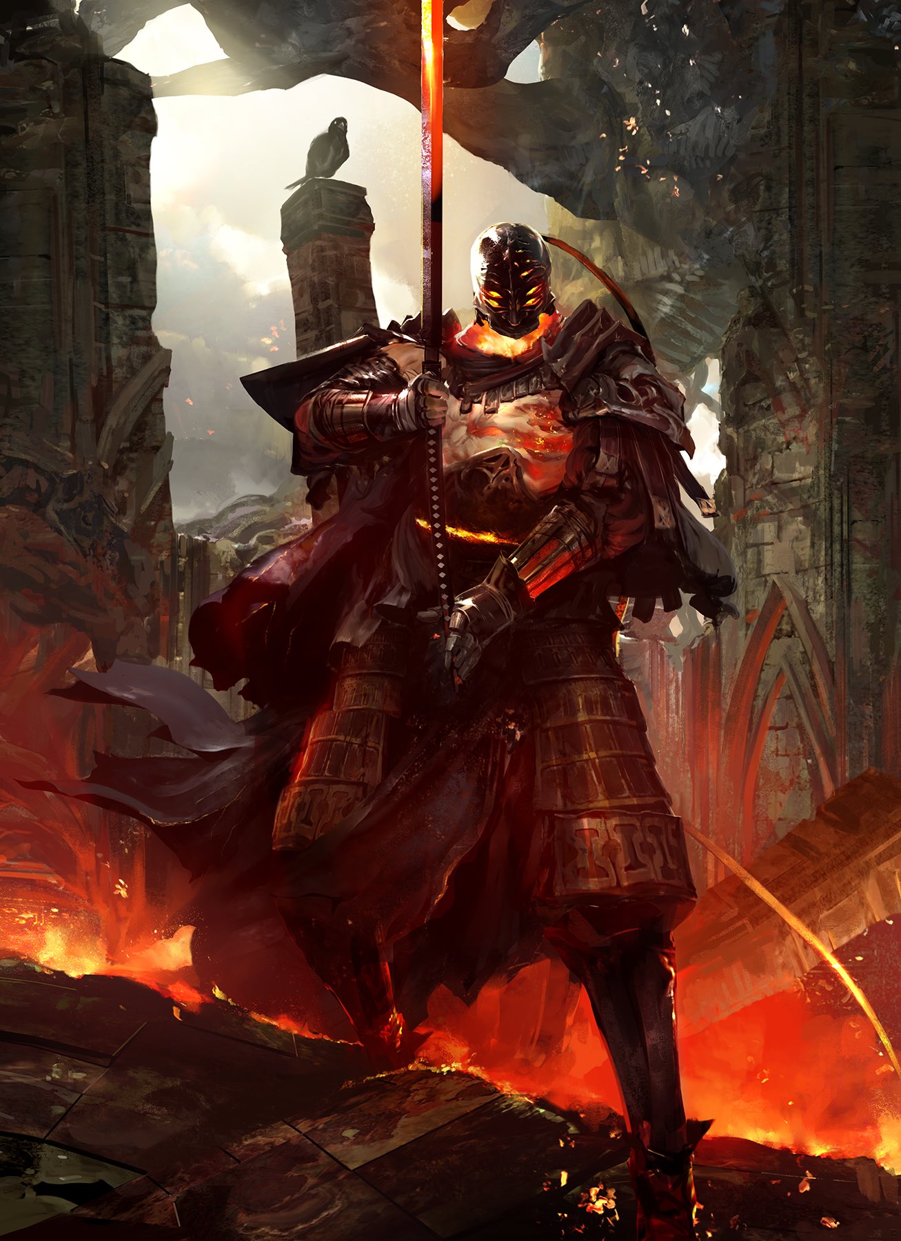 1boy, armor, bird, commentary, dark_souls_ii, embers, fire, full_armor, full_body, glowing, glowing_eyes, glowing_weapon, helmet, highres, holding, holding_sword, holding_weapon, japanese_armor, katana, kekai_kotaki, knight, kote, kusazuri, male_focus, outdoors, plume, ruins, shoulder_armor, single_pauldron, sir_alonne, sode, solo, souls_(from_software), standing, suneate, sword, weapon