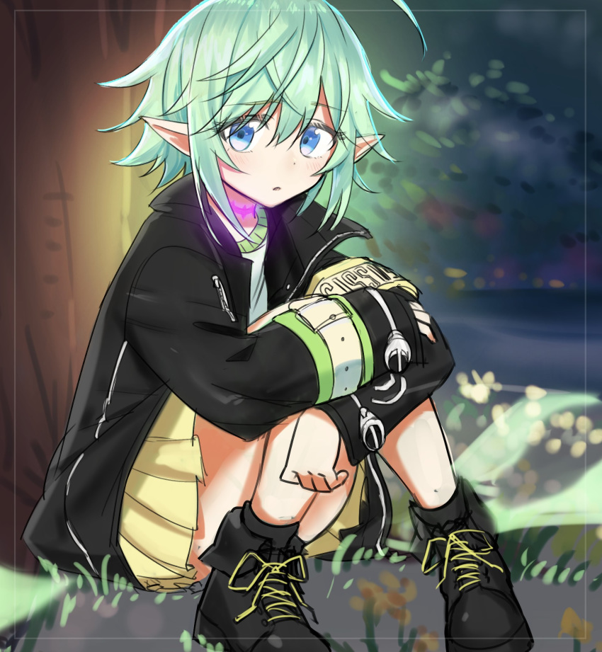 1girl, :o, bangs, blue_eyes, echo_(tokyo_houkago_summoners), eyebrows_visible_through_hair, glowing, green_hair, hair_between_eyes, highres, leaning_forward, leg_hug, long_sleeves, looking_at_viewer, medium_hair, raised_eyebrows, shoes, sitting, sketch, skirt, tokyo_houkago_summoners, tree_stump, yakisoba_ohmori, yellow_skirt