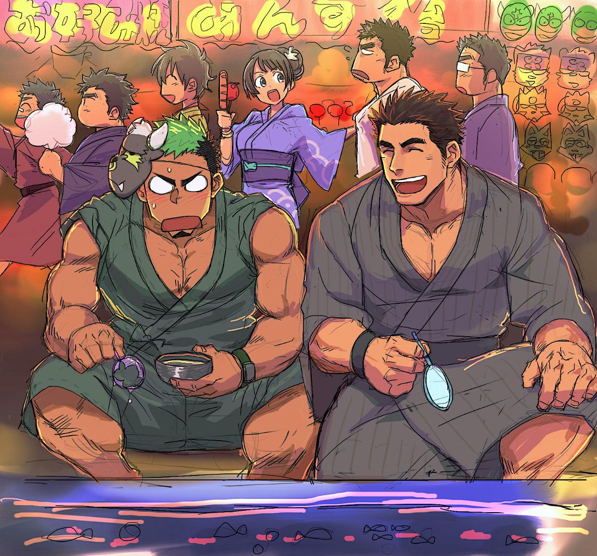 1girl, 6+boys, ^_^, bara, bare_shoulders, blush, chest, closed_eyes