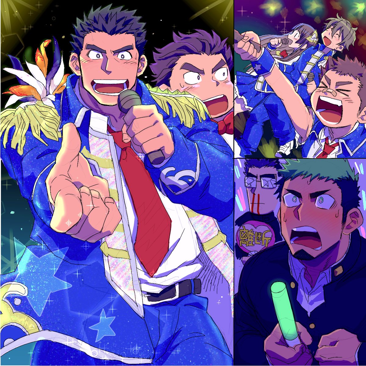 1girl, 5boys, alternate_costume, black_hair, blue_coat, blush, cheering, coat