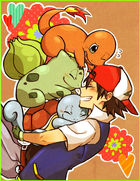 1boy, ash_ketchum, backwards_hat, belt, black_shirt, blush, brown_hair, bulbasaur