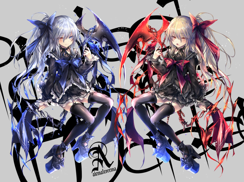 2girls, bangs, black_nails, blonde_hair, blue_bow, blue_eyes, blue_ribbon, blush