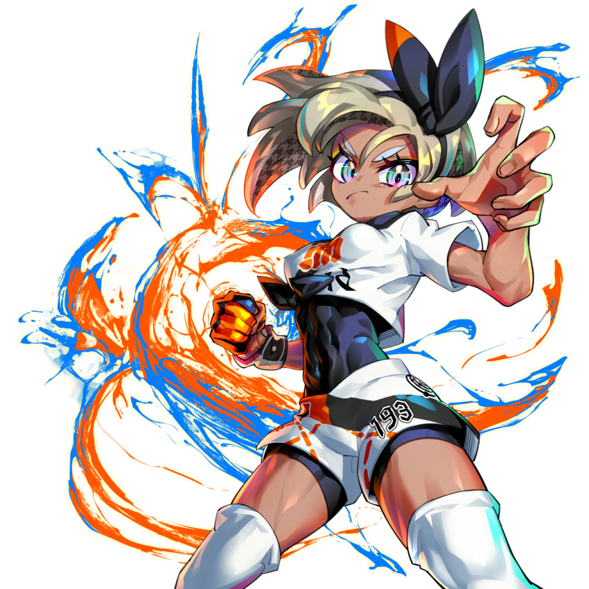 1girl, aura, bea_(pokemon), bodysuit, breasts, colorful, dark_skin, dedeen