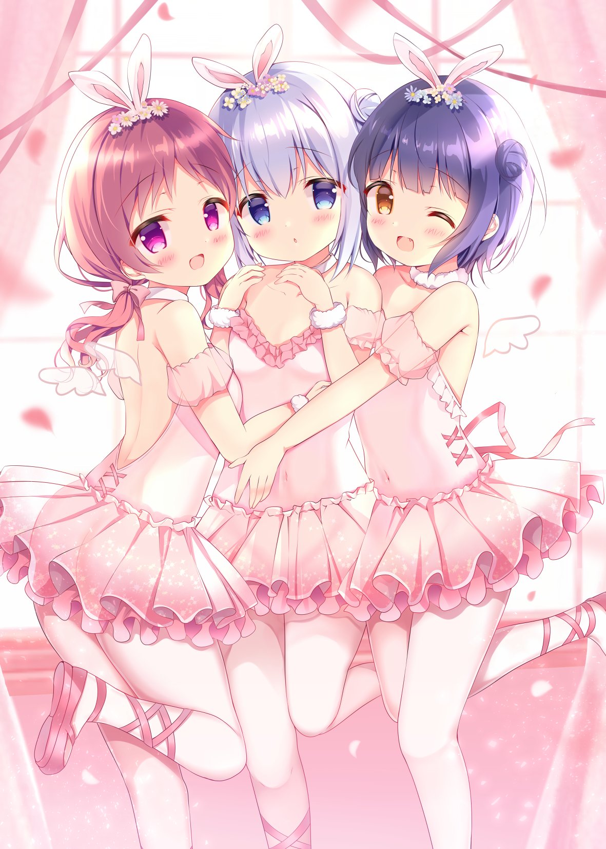 2girls, :d, ;d, animal_ears, azumi_kazuki, backless_dress, backless_outfit, bare_shoulders