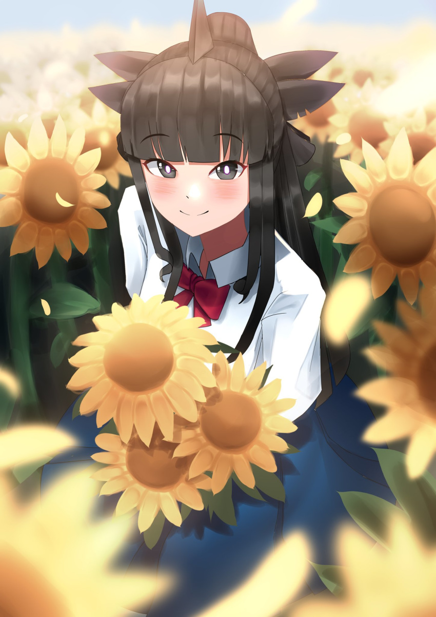 1girl, artemis_of_the_blue, atelier_live, bangs, black_eyes, black_hair, blue_skirt, bow