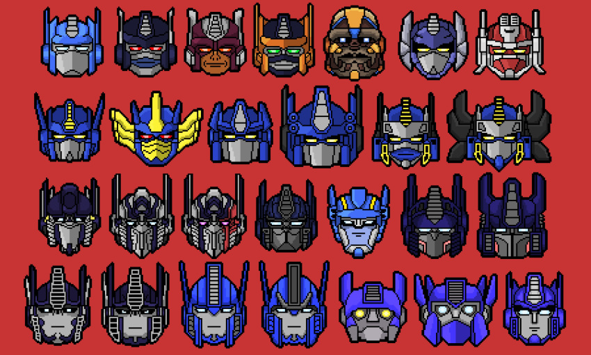 absurdres, art_likes_robots, autobot, beast_machines, beast_wars, blue_eyes, bumblebee_(film), english_commentary, fire_convoy, frown, head_only, highres, mecha, multiple_persona, no_humans, optimal_optimus, optimus_primal, optimus_prime, pixel_art, red_background, red_eyes, the_transformers_(idw), transformers, transformers:_age_of_extinction, transformers:_dark_of_the_moon, transformers:_fall_of_cybertron, transformers:_rescue_bots, transformers:_rescue_bots_academy, transformers:_revenge_of_the_fallen, transformers:_robots_in_disguise_(2015), transformers:_the_last_knight, transformers:_war_for_cybertron, transformers_(live_action), transformers_animated, transformers_armada, transformers_car_robots, transformers_cybertron, transformers_energon, transformers_prime, yellow_eyes