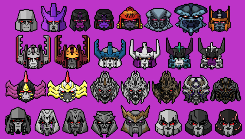 absurdres, art_likes_robots, beast_machines, beast_wars, decepticon, english_commentary, frown, galvatron, head_only, highres, mecha, megatron, megatron_(beast_wars), megatron_(idw), megatron_(prime), multiple_persona, no_humans, open_mouth, optimal_megatron, pixel_art, purple_background, red_eyes, the_transformers_(idw), transformers, transformers:_age_of_extinction, transformers:_dark_of_the_moon, transformers:_fall_of_cybertron, transformers:_revenge_of_the_fallen, transformers:_the_last_knight, transformers:_war_for_cybertron, transformers_(live_action), transformers_animated, transformers_armada, transformers_car_robots, transformers_cybertron, transformers_energon, transformers_prime