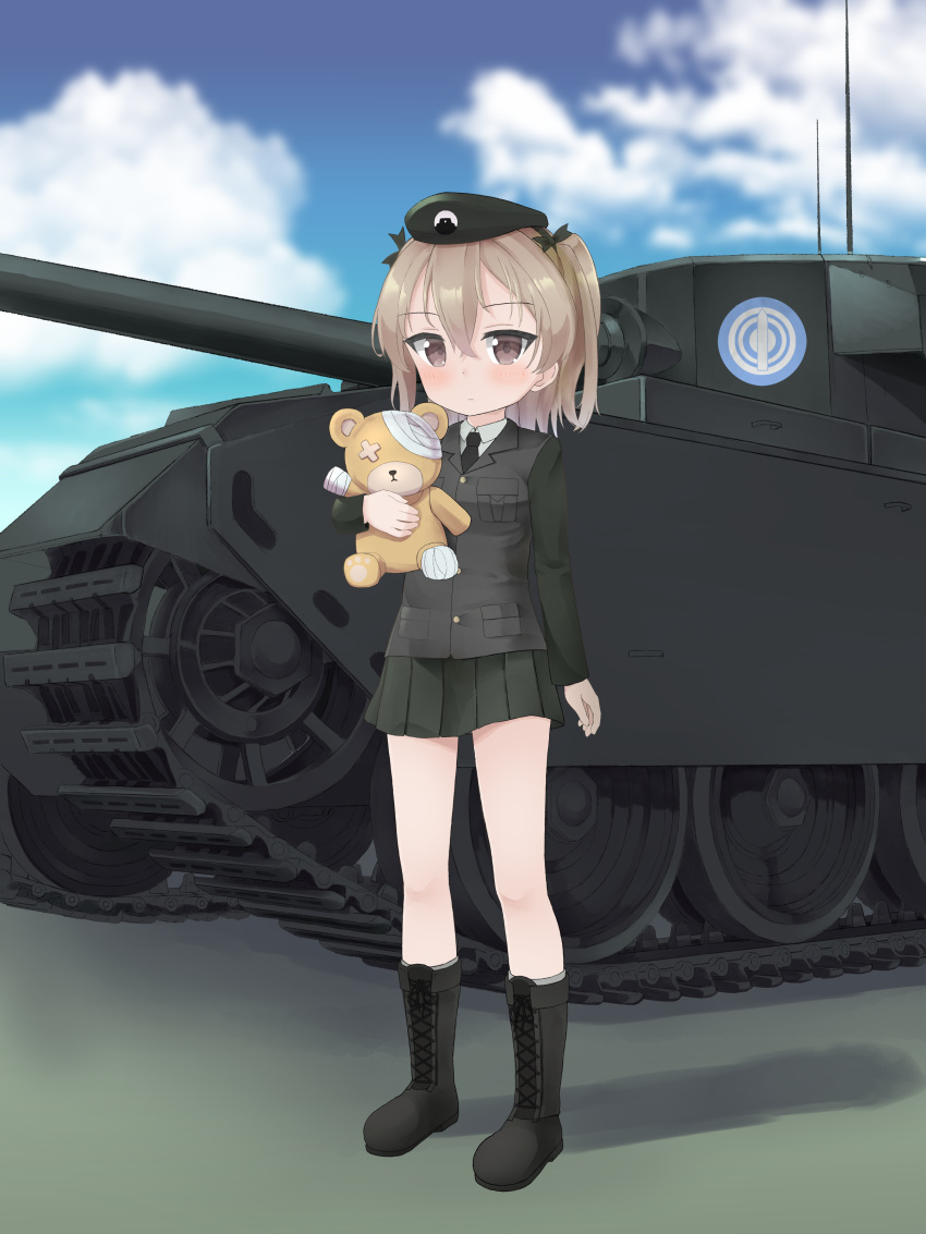 1girl, absurdres, boko_(girls_und_panzer), breasts, caterpillar_tracks, centurion_(tank), clouds, day, emblem, english_commentary, girls_und_panzer, grass, ground_vehicle, highres, light_brown_eyes, light_brown_hair, military, military_vehicle, motor_vehicle, selection_university_(emblem), selection_university_military_uniform, shimada_arisu, side_ponytail, skirt, sky, stuffed_animal, stuffed_toy, tank, teddy_bear, user_hzst3585