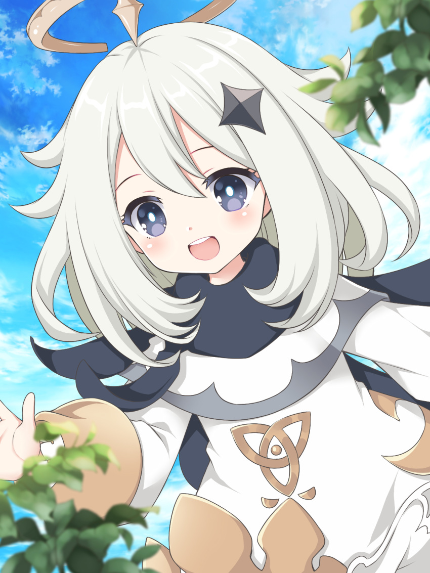 1girl, :d, ayamisiro, bangs, black_cape, blue_sky, blush, cape, clouds, commentary_request, cute, day, dress, eyebrows_visible_through_hair, genshin_impact, grey_eyes, grey_hair, hair_between_eyes, halo, highres, loli, long_hair, long_sleeves, mihoyo_technology_(shanghai)_co._ltd., open_mouth, outdoors, paimon_(genshin_impact), puffy_long_sleeves, puffy_sleeves, round_teeth, sky, smile, solo, teeth, upper_teeth, white_dress