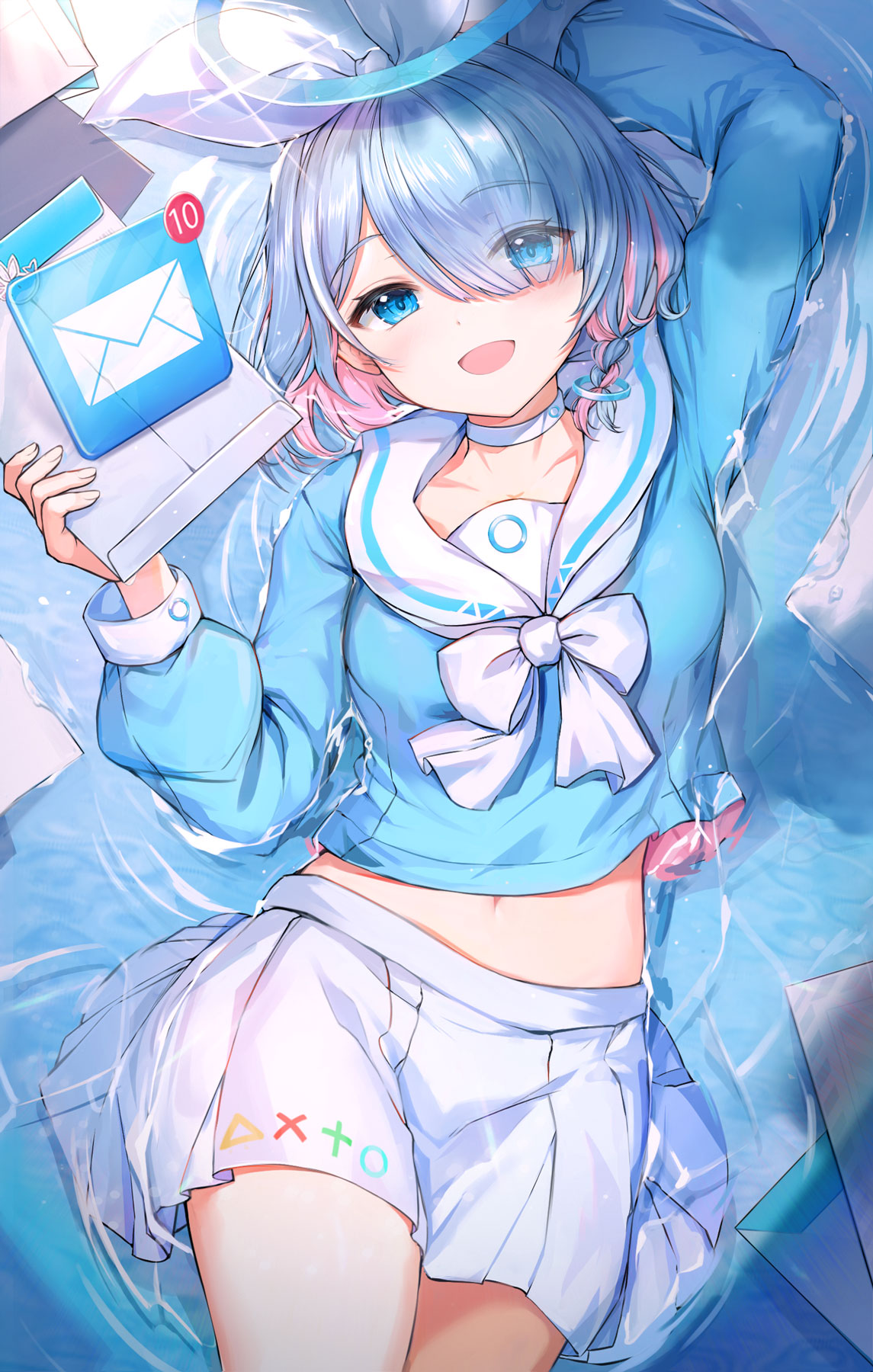 1girl, :d, arm_up, arona_(blue_archive), bangs, blue_archive, blue_eyes, blue_shirt