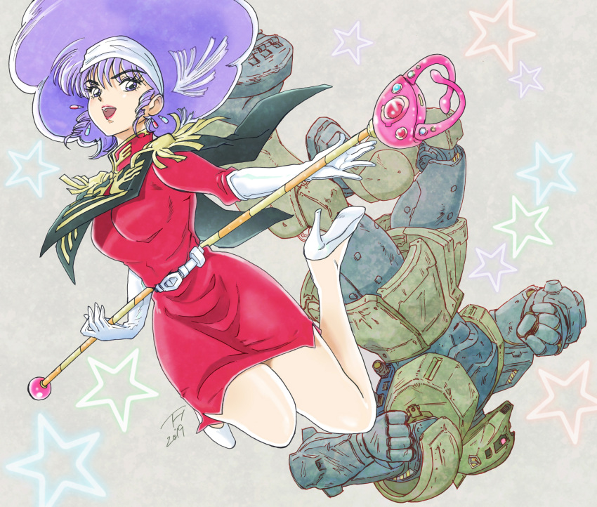 1girl, big_hair, blaster_mari, clenched_hands, floating, gloves, gundam, highres