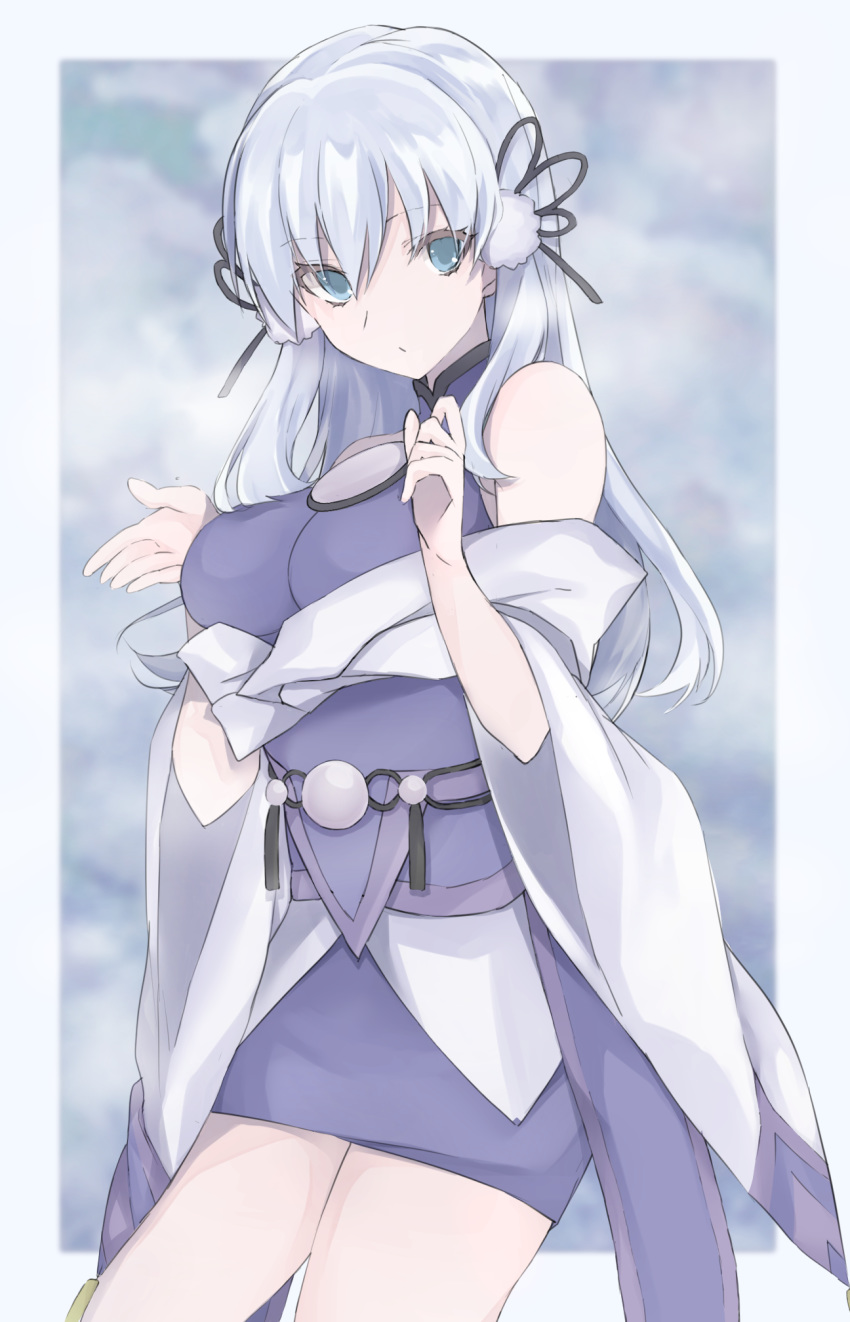 1girl, bangs, bare_shoulders, bare_thighs, belt, blue_eyes, breasts, cowboy_shot, dress, duel_monster, eyebrows_visible_through_hair, hair_between_eyes, hair_ornament, hands_up, highres, japanese_clothes, large_breasts, long_hair, long_sleeves, looking_at_viewer, obi, off-shoulder_kimono, off_shoulder, open_hand, sash, sleeveless, sleeveless_dress, sleeveless_turtleneck, solo, tsumayouji_(dekosoko), turtleneck, white_hair, wide_sleeves, yu-gi-oh!, yuki-onna_the_ice_mayakashi