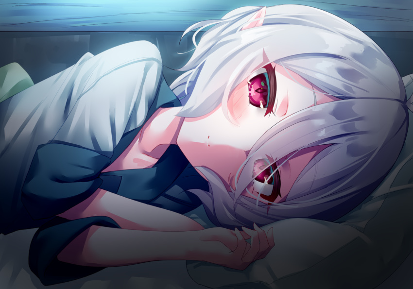 1girl, bangs, blush, closed_mouth, collared_shirt, commentary_request, eyebrows_visible_through_hair, grey_shirt, hair_between_eyes, kokkoro_(princess_connect!), looking_at_viewer, lying, on_side, pajamas, pillow, pointy_ears, princess_connect!, princess_connect!_re:dive, red_eyes, shirt, short_sleeves, silver_hair, smile, solo, tamariyazuna, upper_body