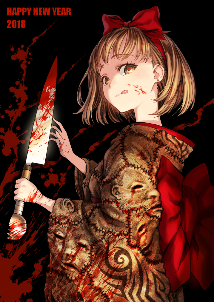 1girl, 2018, :q, bangs, black_background, blood, blood_on_face, blood_splatter