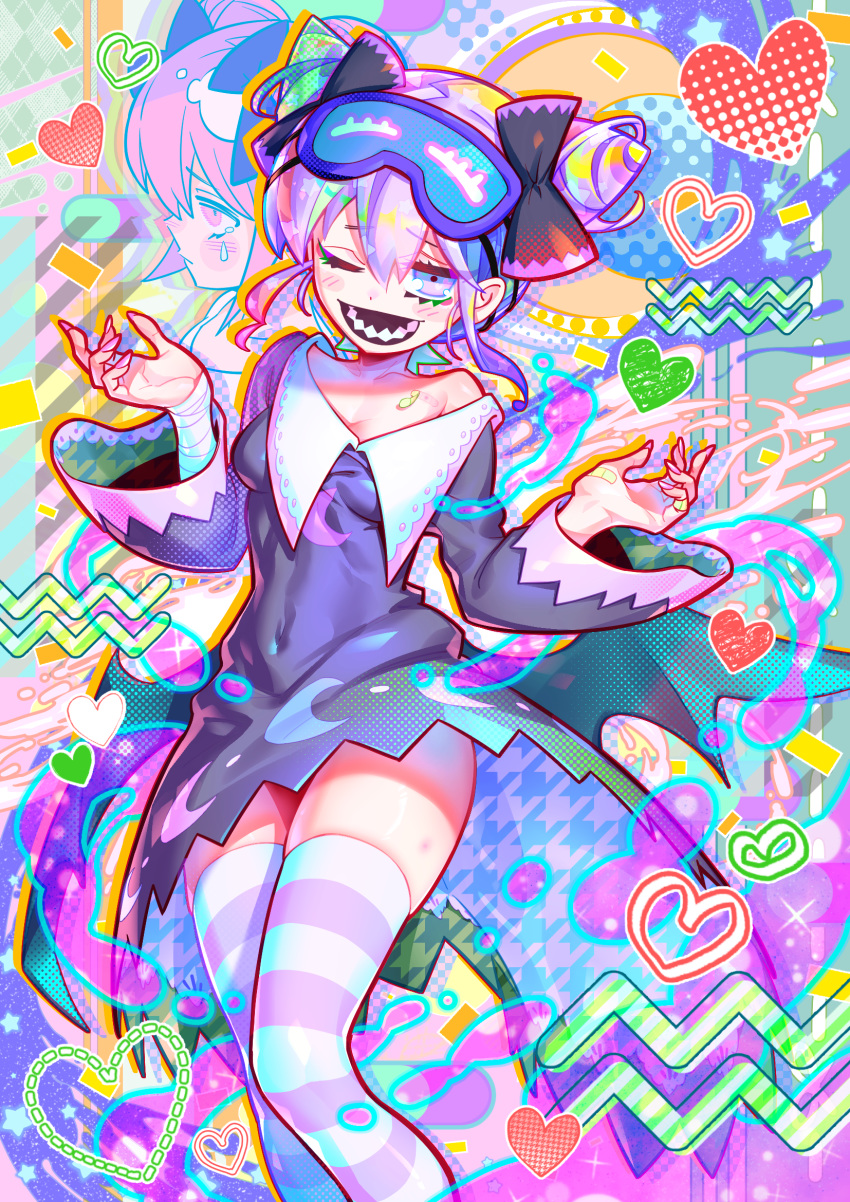 1girl, bandaid, bangs, blue_eyes, blush, bow, breasts, colorful