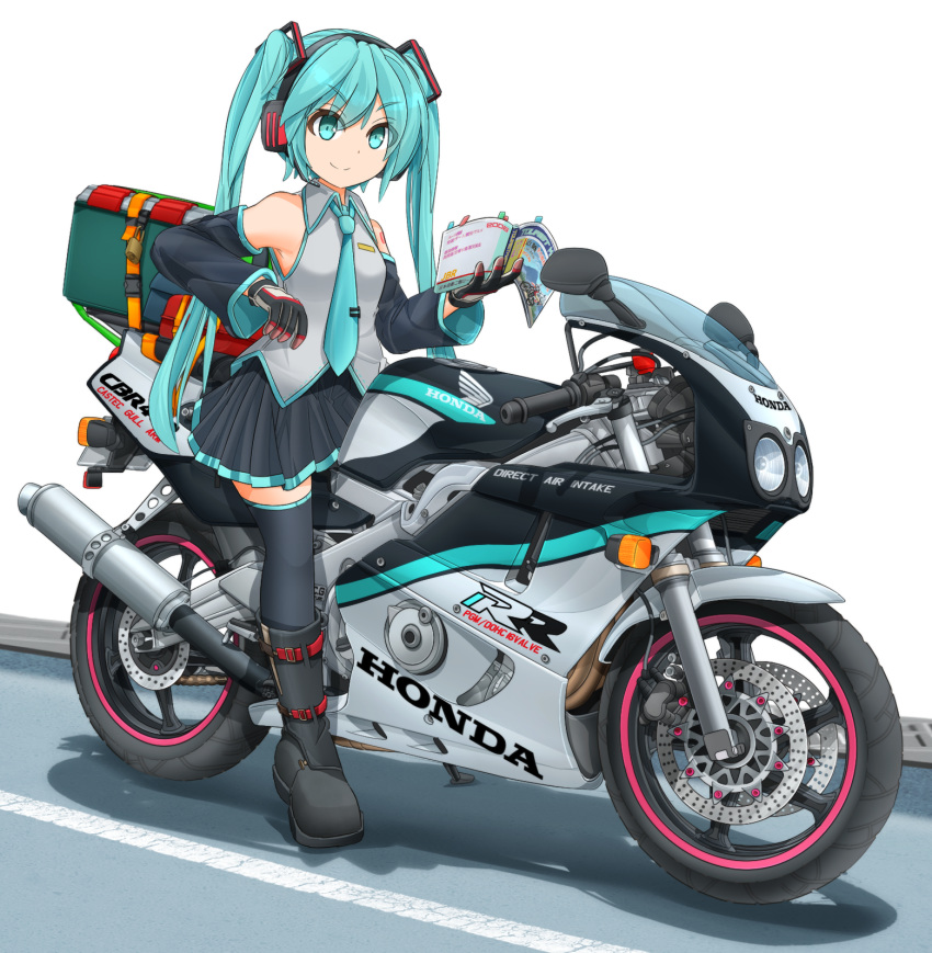 1girl, aqua_eyes, aqua_hair, aqua_neckwear, black_footwear, black_gloves, black_legwear, black_skirt, black_sleeves, blouse, book, boots, closed_mouth, collared_blouse, commentary, detached_sleeves, eyebrows_visible_through_hair, gloves, grey_blouse, ground_vehicle, hair_ornament, hatsune_miku, headphones, highres, holding, holding_book, honda, honda_cb400, logo, looking_at_viewer, mikeran_(mikelan), miniskirt, motor_vehicle, motorcycle, necktie, on_motorcycle, pleated_skirt, road, shadow, skirt, smile, solo, thigh-highs, twintails, vocaloid, white_background, wing_collar