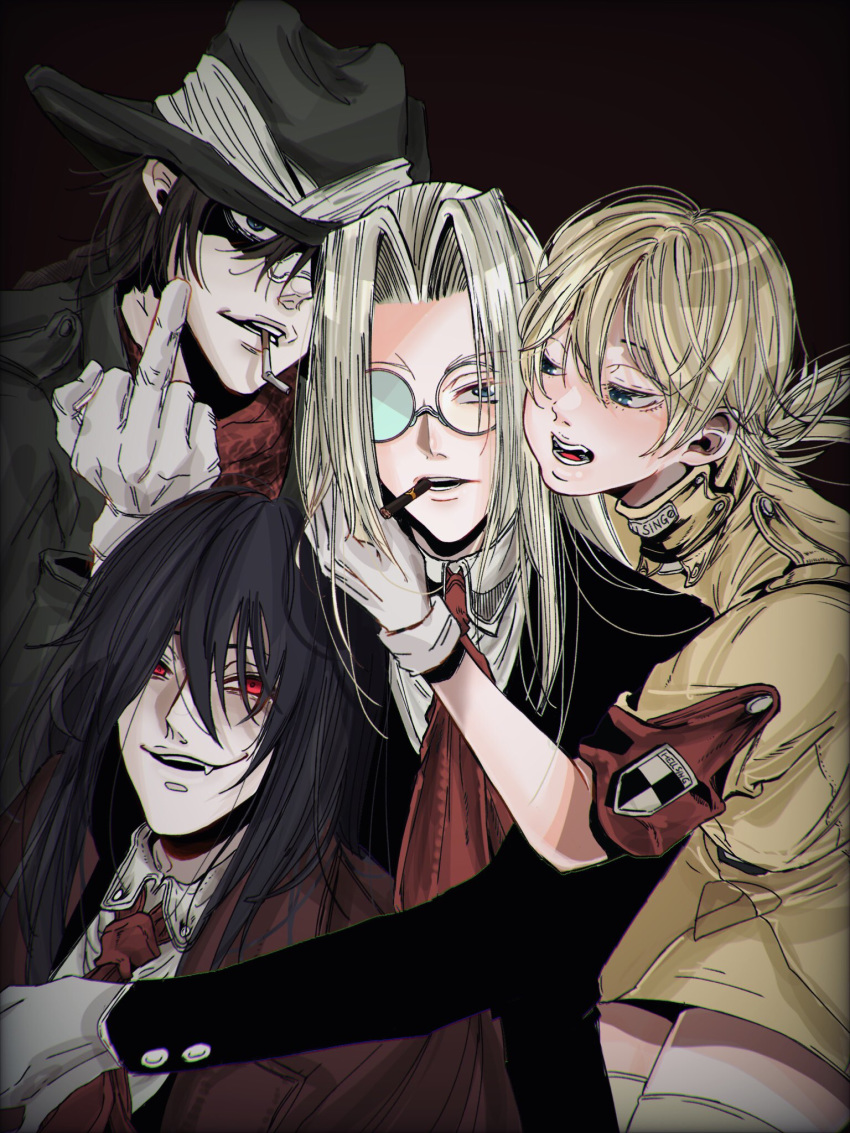 2boys, 2girls, alucard_(hellsing), armband, bandana, bangs, beige_legwear, black_background