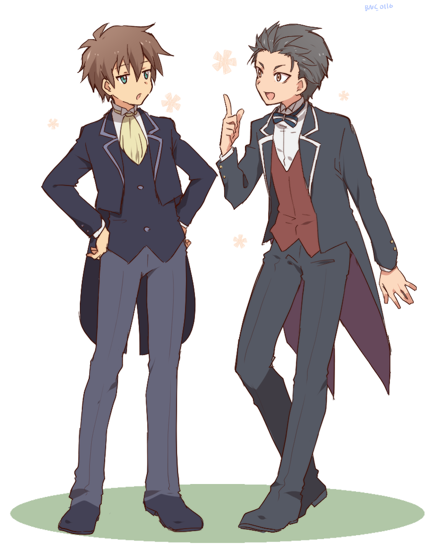 2boys, banchii, butler, crossover, formal, green_eyes, hand_on_hip, isekai_quartet