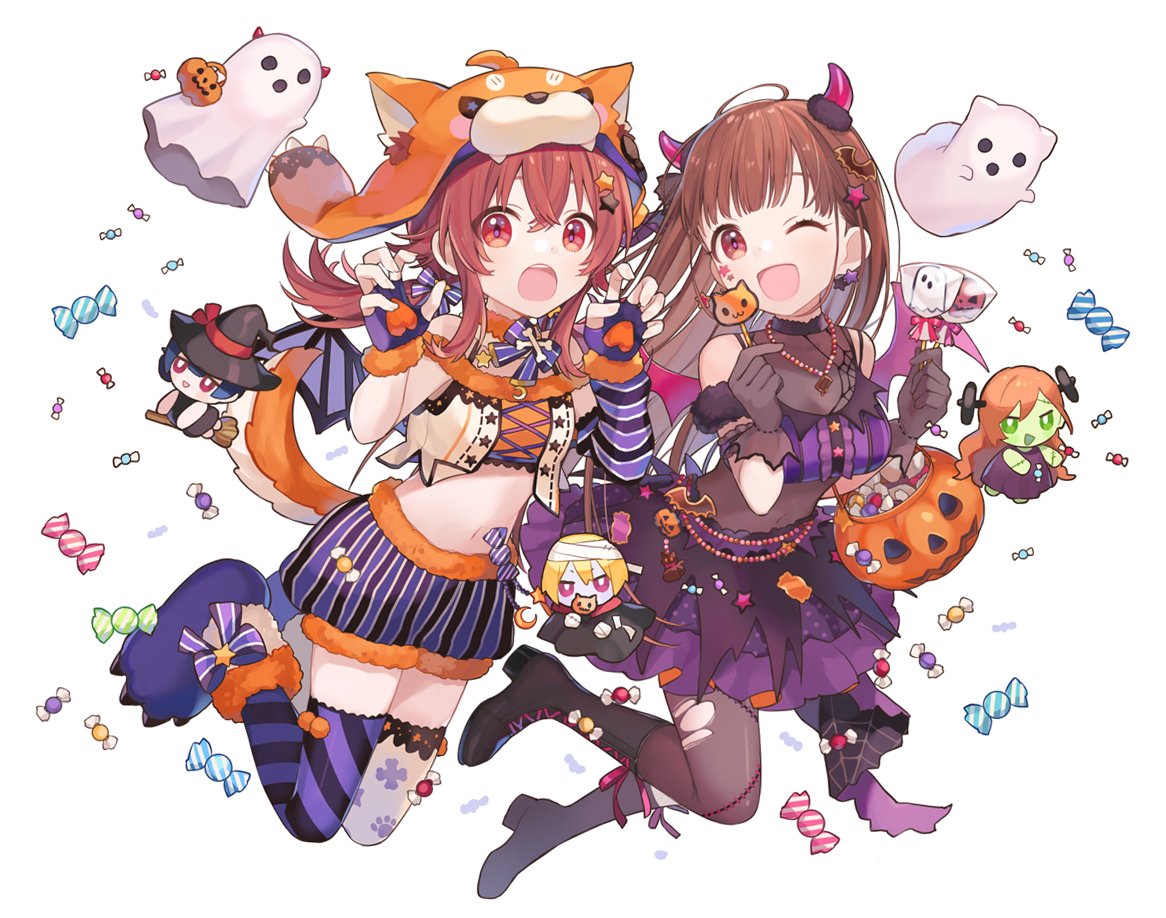 2girls, ;d, animal_hat, arisugawa_natsuha, arm_cuffs, bat_hair_ornament, bat_wings, black_footwear