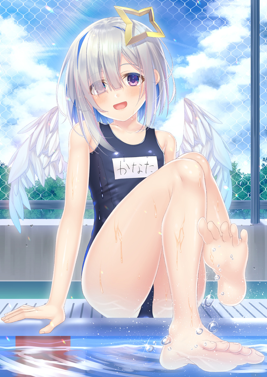 1girl, amane_kanata, bare_legs, barefoot, blue_eyes, blue_hair, blue_sky, blue_swimsuit