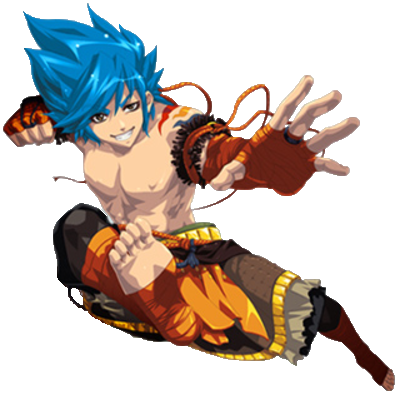 1boy, bandaged_hands, bandaged_leg, bandages, blue_hair, brown_eyes, fighting_stance, fist