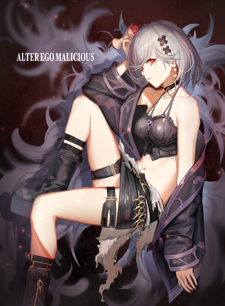 1girl, alter_ego_malevolent_(granblue_fantasy), apple, bare_shoulders, belt, black_camisole, black_footwear, black_nails, black_shorts, boots, breasts, camisole, choker, collarbone, djeeta_(granblue_fantasy), earrings, feather_boa, fingernails, food, fruit, granblue_fantasy, hair_ornament, hairclip, hand_up, head_tilt, holding, holding_food, holding_fruit, jacket, jewelry, leg_up, long_sleeves, looking_at_viewer, nail_polish, navel, off-shoulder_jacket, off_shoulder, red_eyes, short_hair, shorts, silver_hair, sitting, sleeves, sleeves_past_wrists, solo, x_hair_ornament, ya99ru
