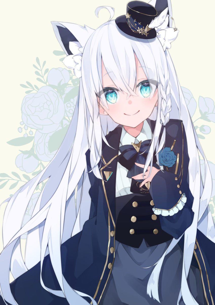 1girl, ahoge, animal_ear_fluff, animal_ears, aoiro_0w0, bangs, beige_skirt, blue_flower