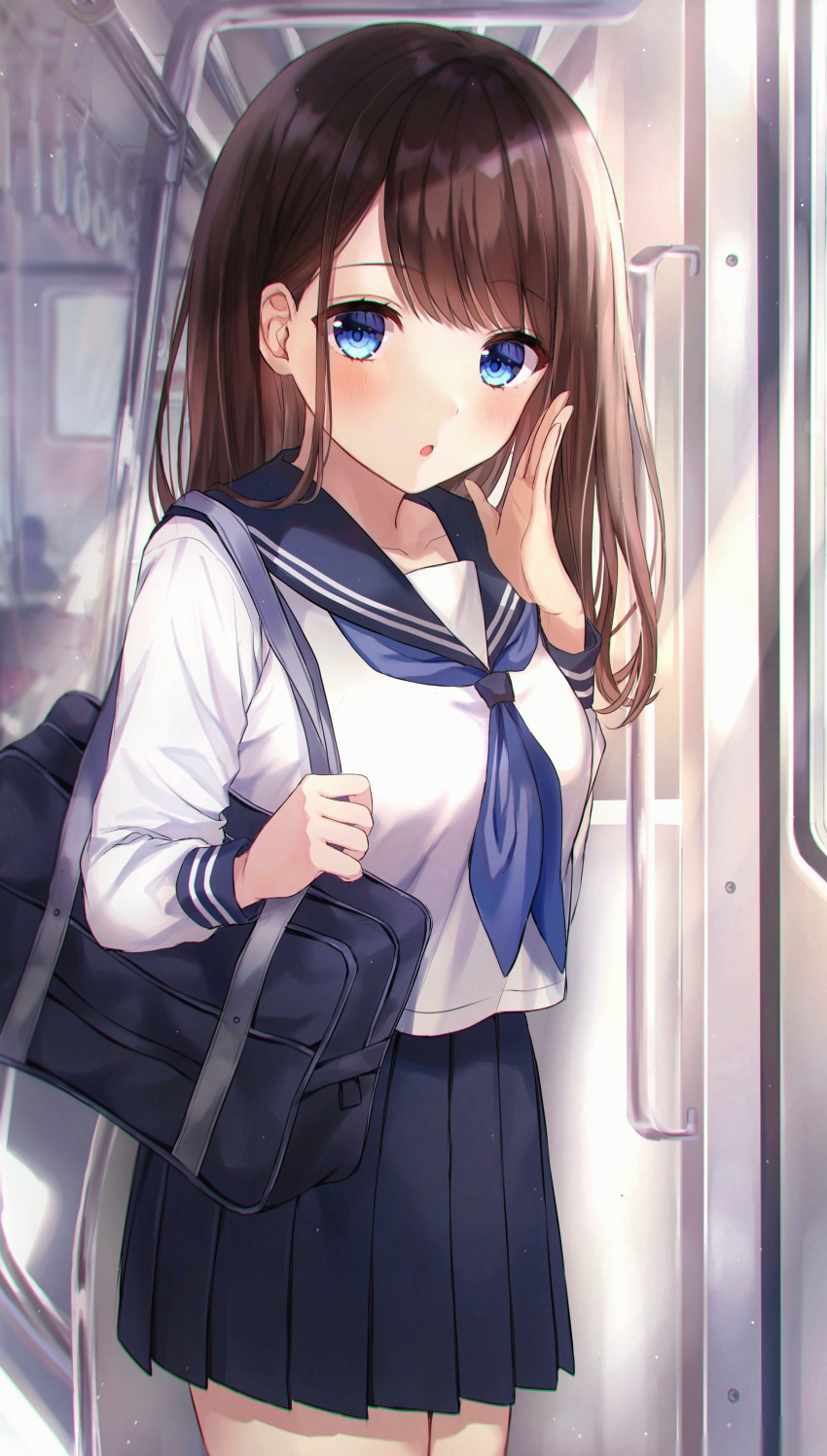 1girl, absurdres, bag, bangs, blue_eyes, blue_sailor_collar, blue_skirt, blush
