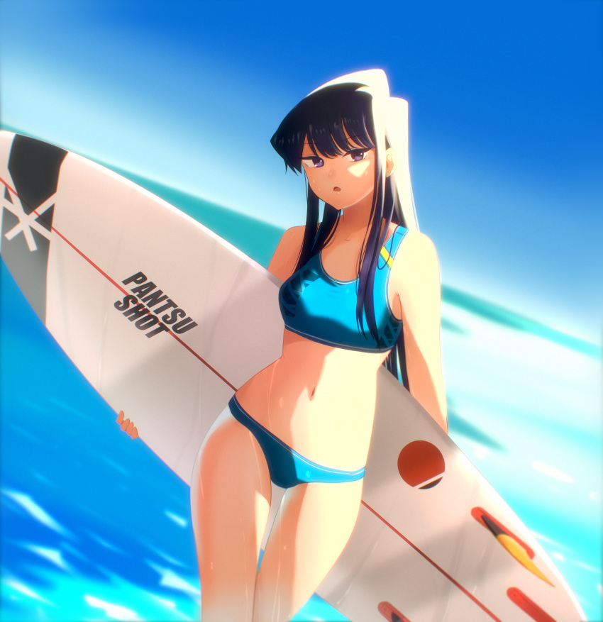 1girl, absurdres, bikini, black_eyes, black_hair, blue_sky, breasts, buruma, cowboy_shot, day, highres, holding, holding_surfboard, horizon, katerina_mey, komi-san_wa_komyushou_desu, komi_shouko, long_hair, looking_at_viewer, medium_breasts, navel, ocean, outdoors, sky, sports_bikini, sportswear, surfboard, swimsuit, swimwear, thigh_gap, water