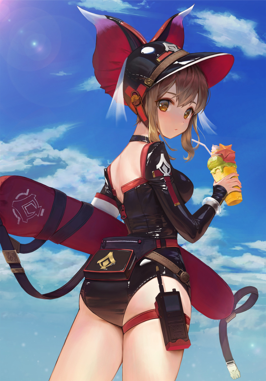 1girl, ass, bag, bangs, belt, black_choker, black_headwear, black_swimsuit