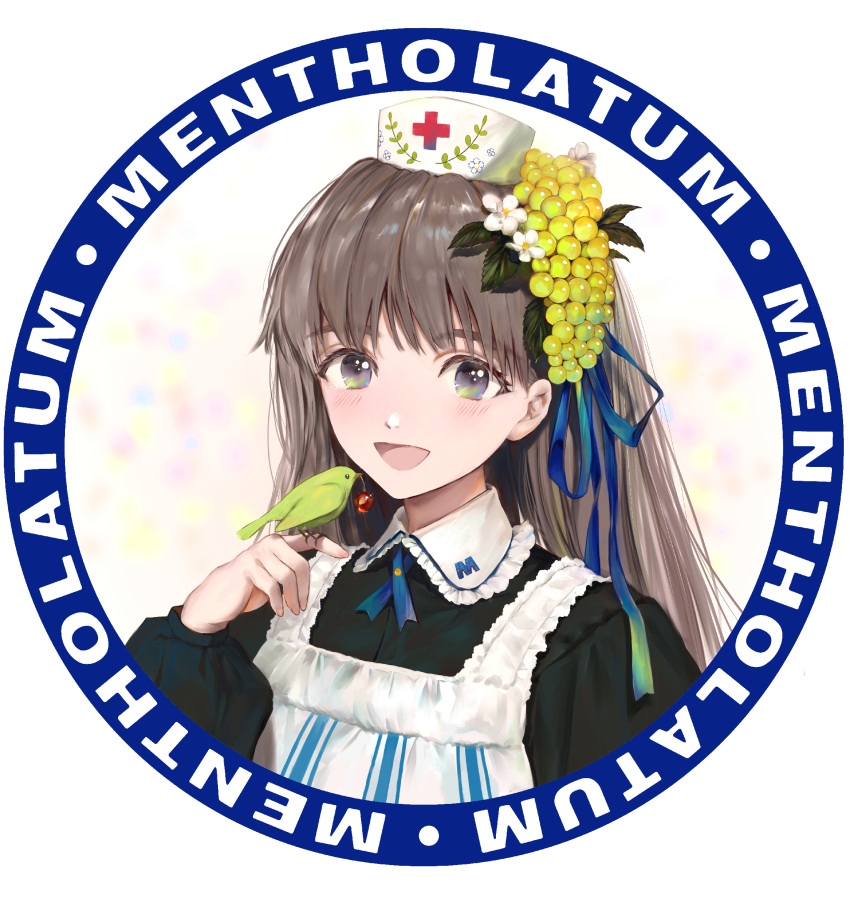 1girl, :d, apron, bird, bird_on_finger, black_dress, blue_ribbon, blush, brown_hair, dress, flower, framed, grey_eyes, hair_flower, hair_fruit, hair_ornament, hair_ribbon, hand_up, hat, highres, hoojiro, little_nurse, long_hair, long_sleeves, looking_at_viewer, mentholatum, nurse_cap, open_mouth, red_cross, ribbon, smile, solo, upper_body, white_apron, white_flower, wing_collar