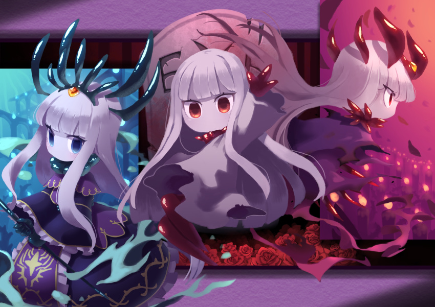 3girls, absurdres, blue_eyes, collar, crown, dress, dual_persona, flower